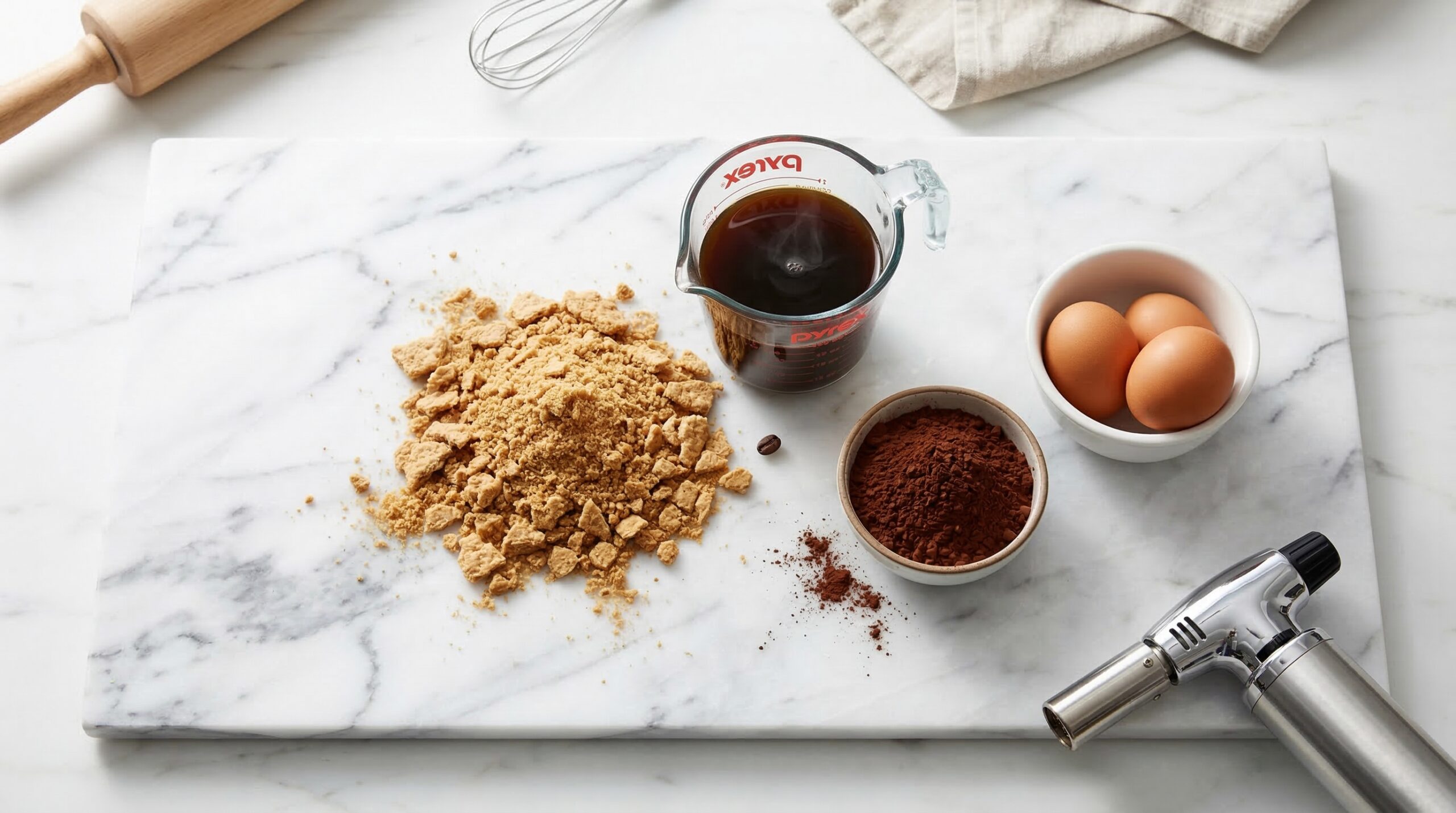 Structural components for s'mores cupcakes including graham cracker crumbs, rich cocoa, and a professional kitchen torch