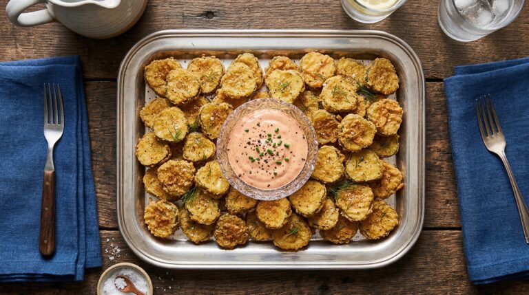 Stunning plated serving of Crispy Fried Pickles with Southern Comeback Sauce, a chef-tested recipe by Chef Jorj Morgan.