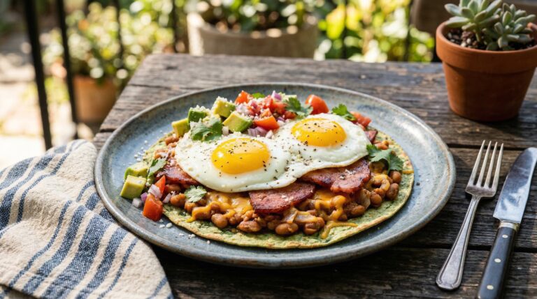 Stunning plated serving of Southern Huevos Rancheros, a chef-tested recipe by Chef Jorj Morgan.