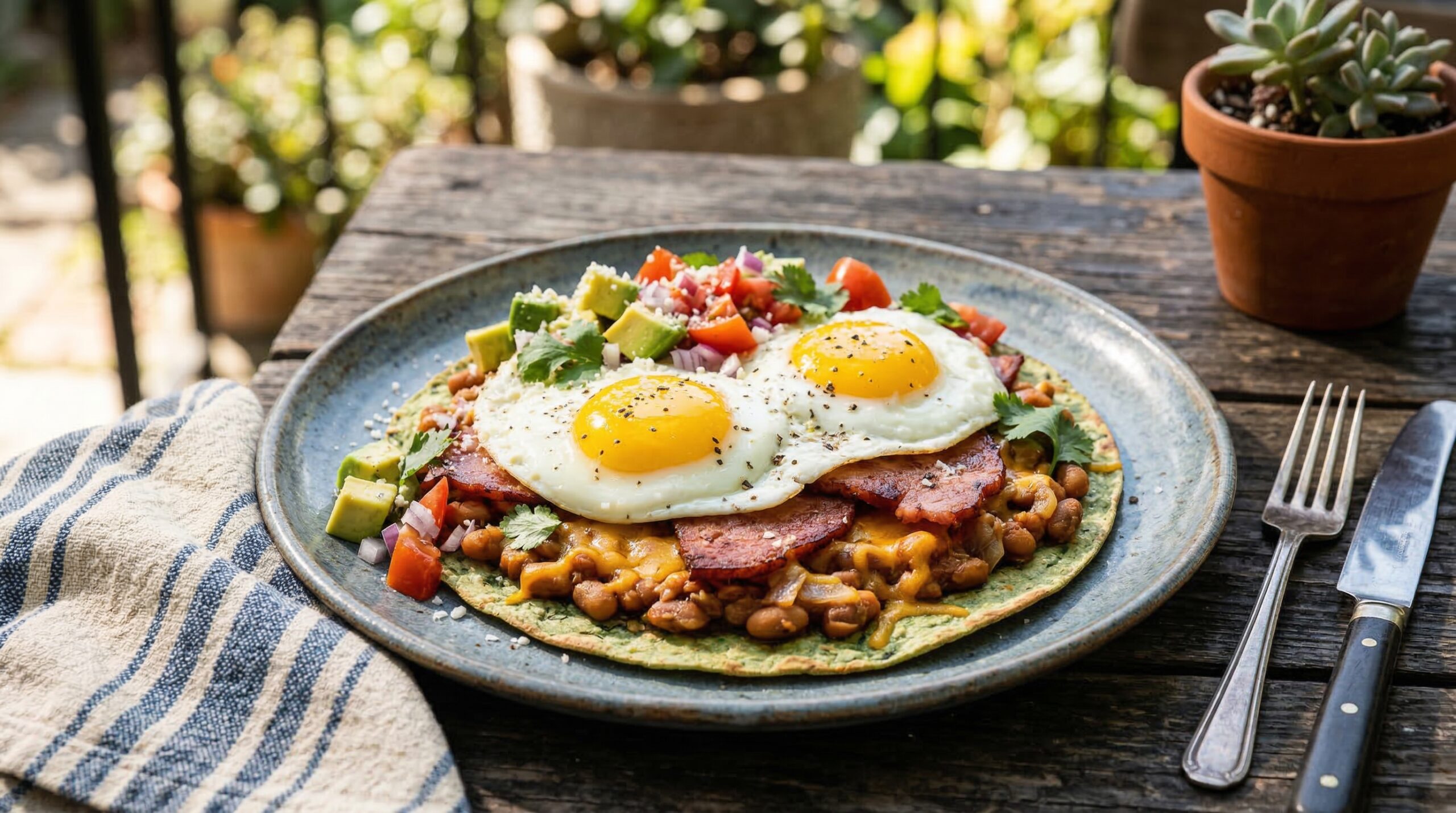 Stunning plated serving of Southern Huevos Rancheros, a chef-tested recipe by Chef Jorj Morgan.