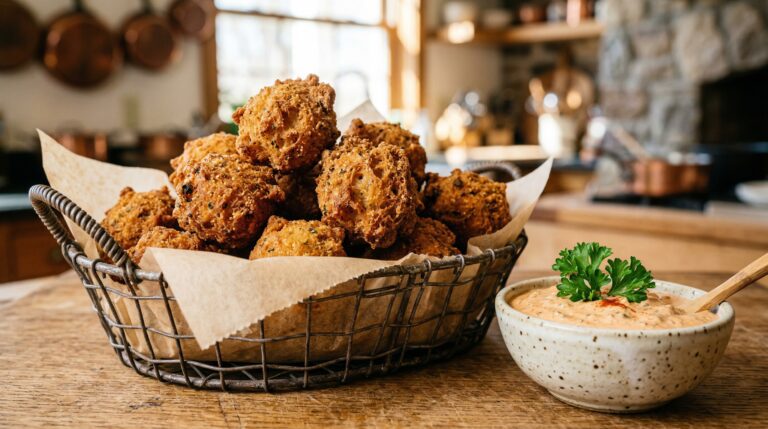 Stunning plated serving of Crispy Cornmeal Hushpuppies with Spicy Remoulade, a chef-tested recipe by Chef Jorj Morgan.