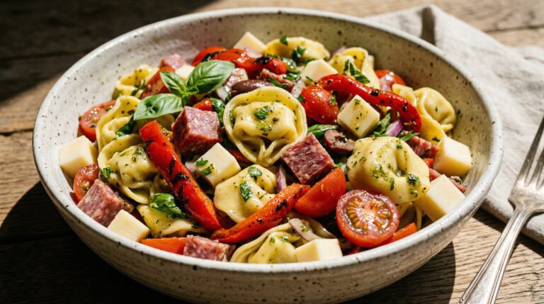 Stunning plated serving of Southwestern Tortellini Pasta Salad, a chef-tested recipe by Chef Jorj Morgan.