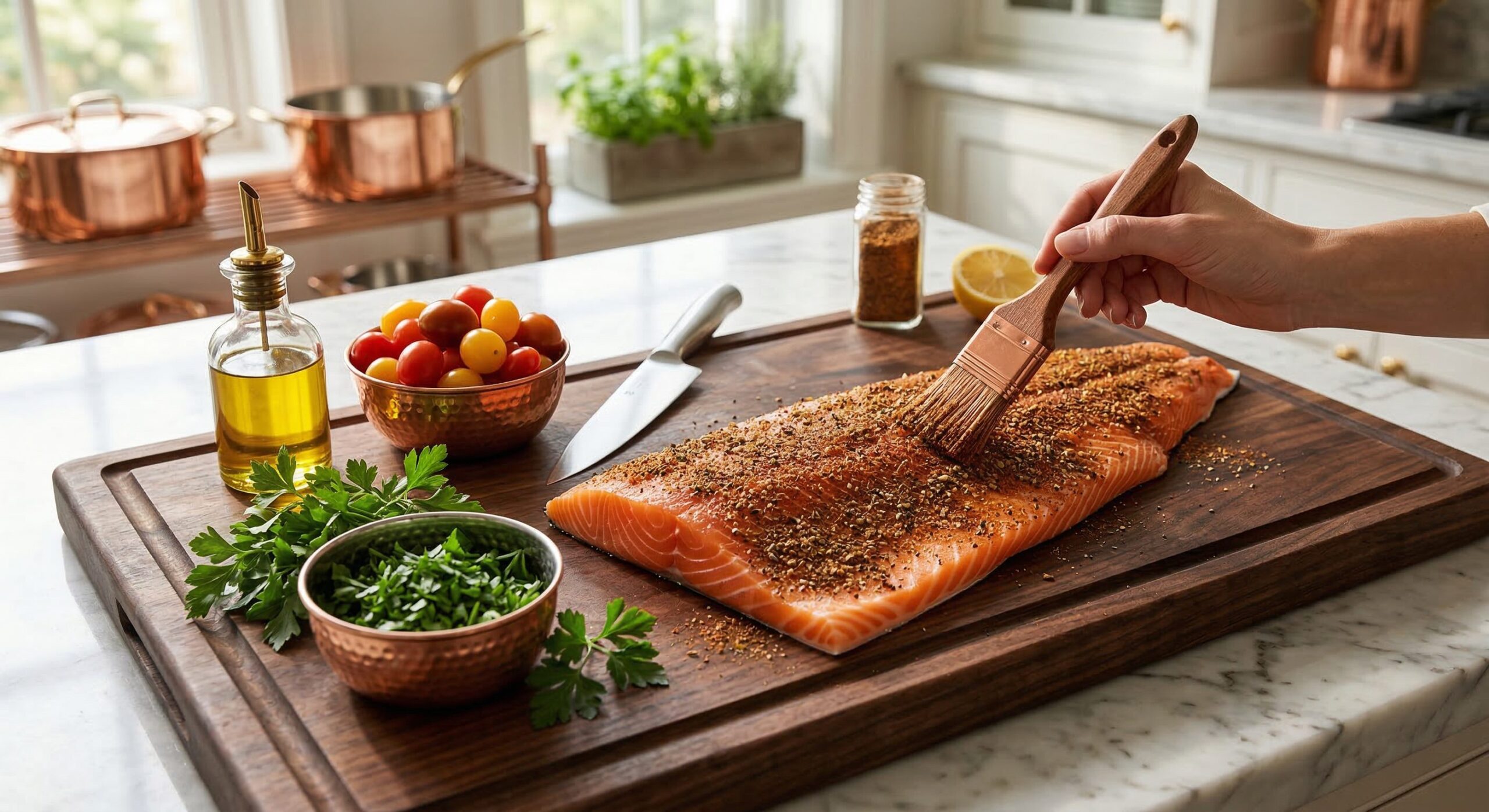 A spice-rubbed whole salmon fillet with baby potatoes, green beans, and Brussels sprouts for a Nicoise platter