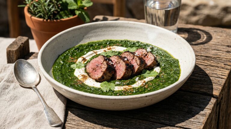 Stunning plated serving of Spicy Lamb Saag, a chef-tested recipe by Chef Jorj Morgan.