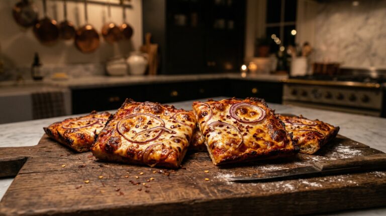 Stunning plated serving of Square Sheet Pan Mozzarella Pizza, a chef-tested recipe by Chef Jorj Morgan.