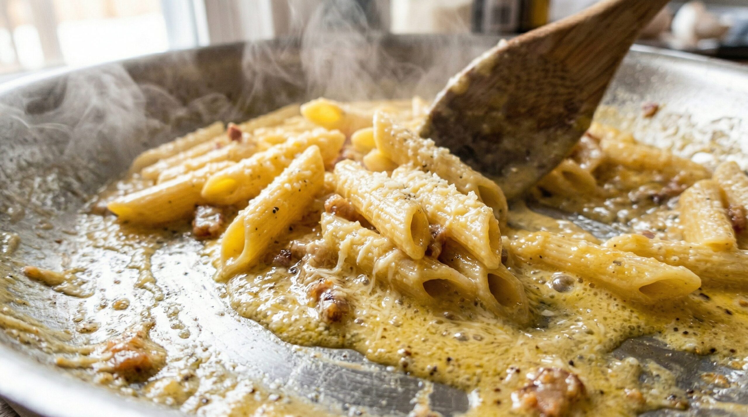 Egg and Parmesan paste being tossed into hot penne off the heat, coming together into a glossy sauce