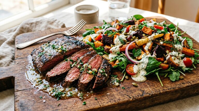 Stunning plated serving of Steak Board Sauce & Farmers Market Salad, a chef-tested recipe by Chef Jorj Morgan.
