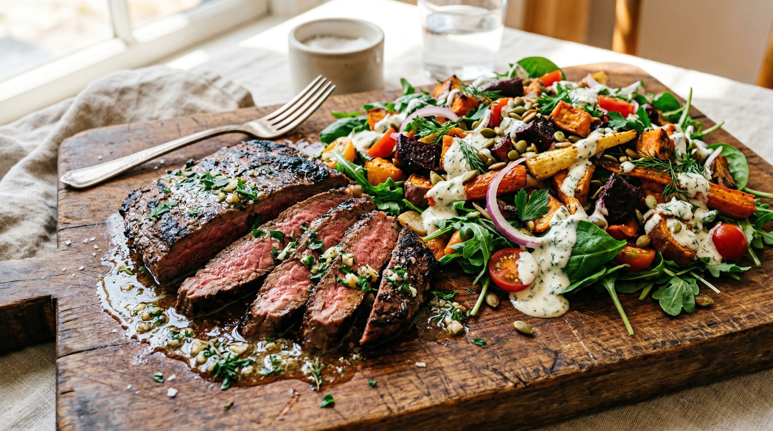 Stunning plated serving of Steak Board Sauce & Farmers Market Salad, a chef-tested recipe by Chef Jorj Morgan.