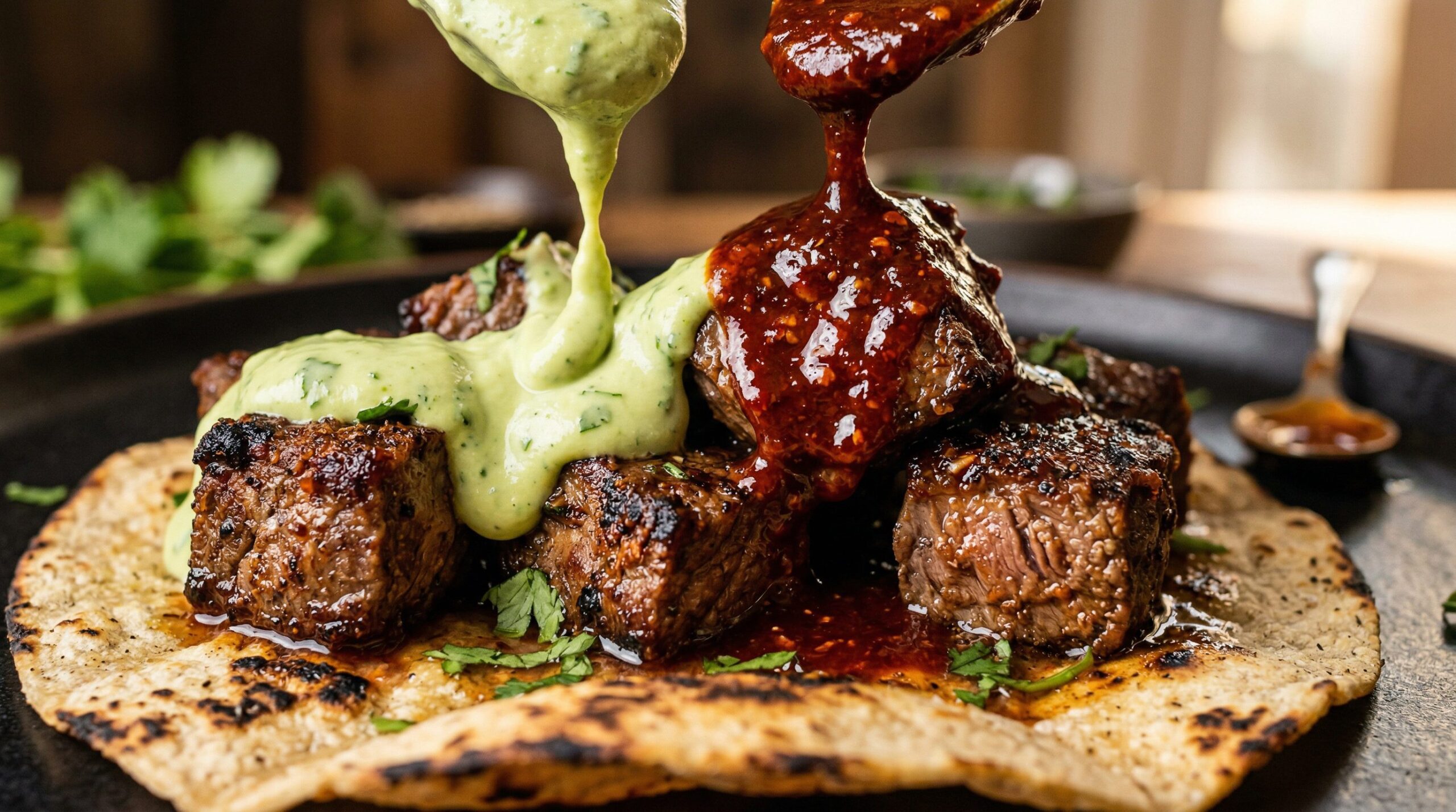 Steak Tacos with Dual Sauces being prepared