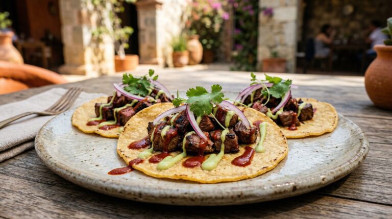 Stunning plated serving of Steak Tacos with Dual Signature Sauces, a chef-tested recipe by Chef Jorj Morgan.