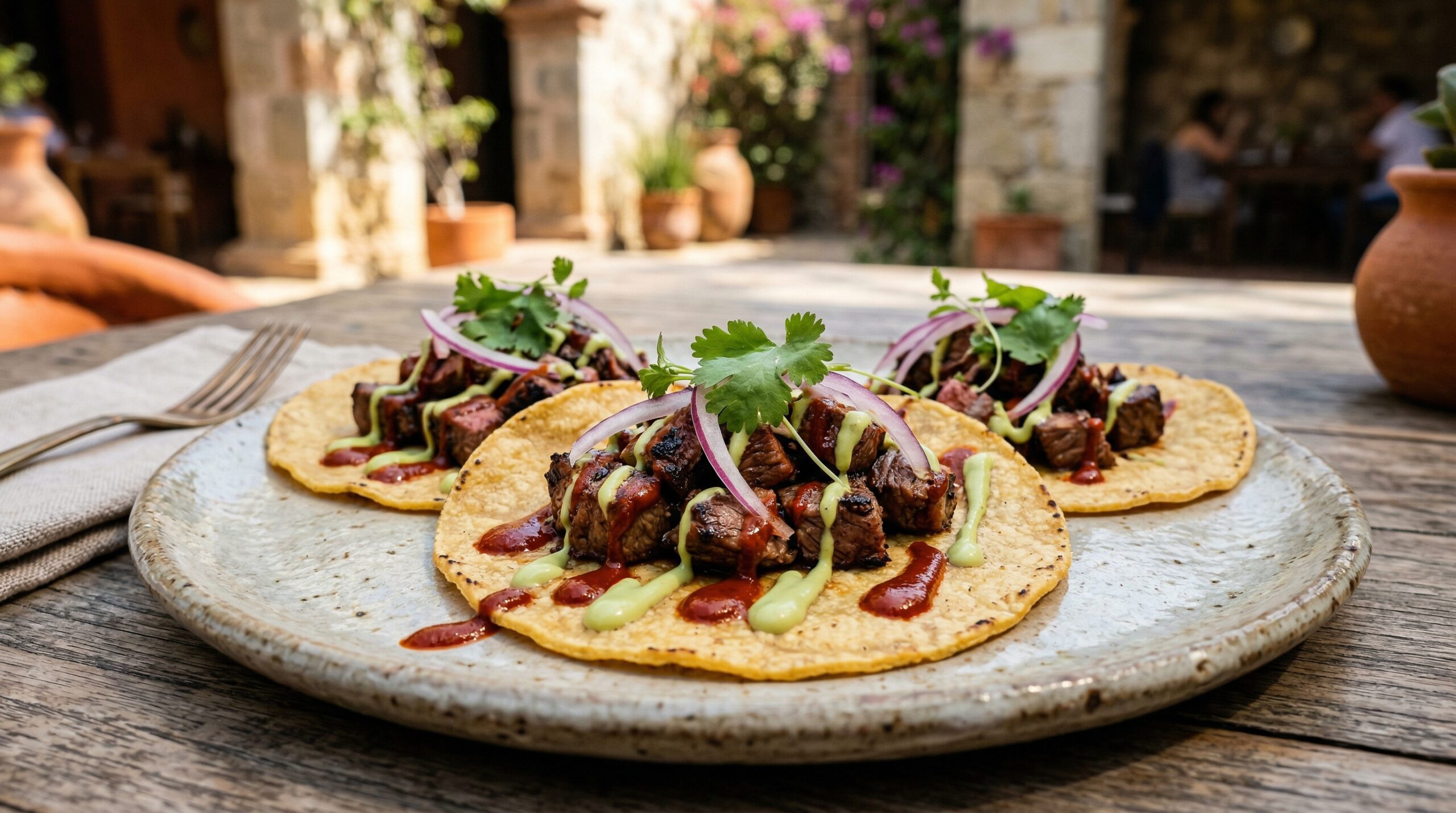 Stunning plated serving of Steak Tacos with Dual Signature Sauces, a chef-tested recipe by Chef Jorj Morgan.