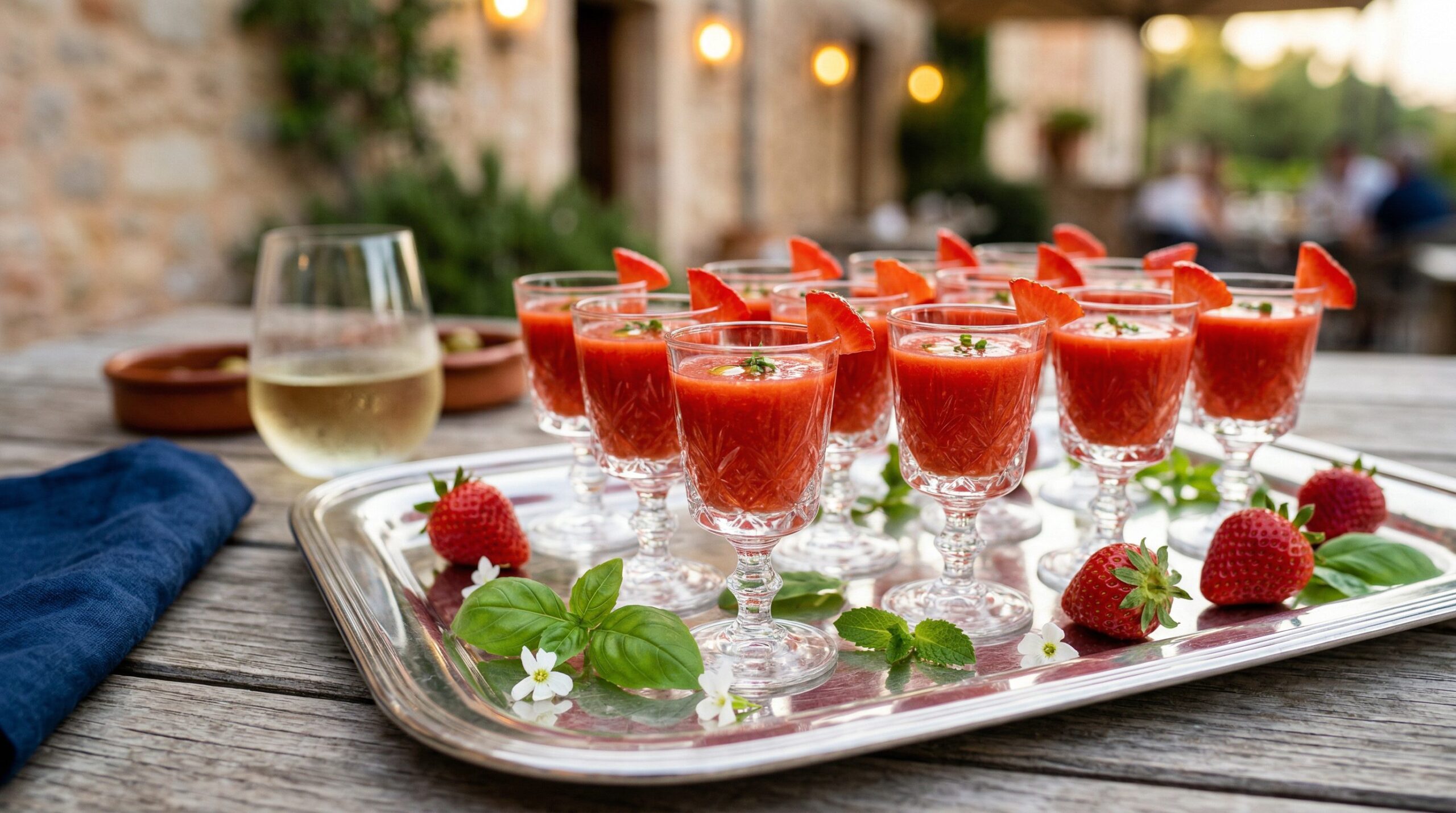Chilled strawberry basil gazpacho served in small tapas shooter glasses on an estate table