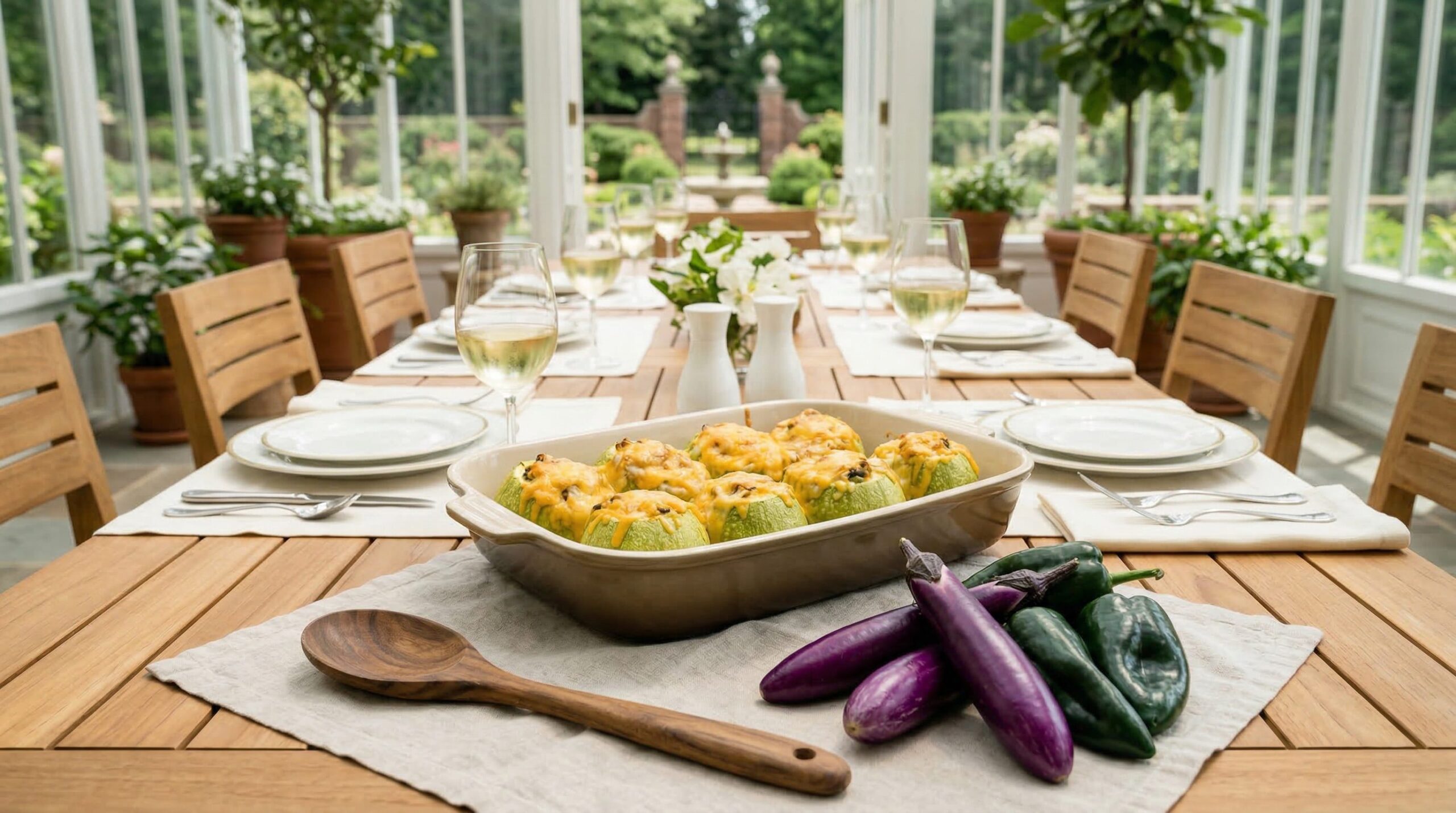 Stuffed cousa squash with chorizo and white beans on an estate summer table