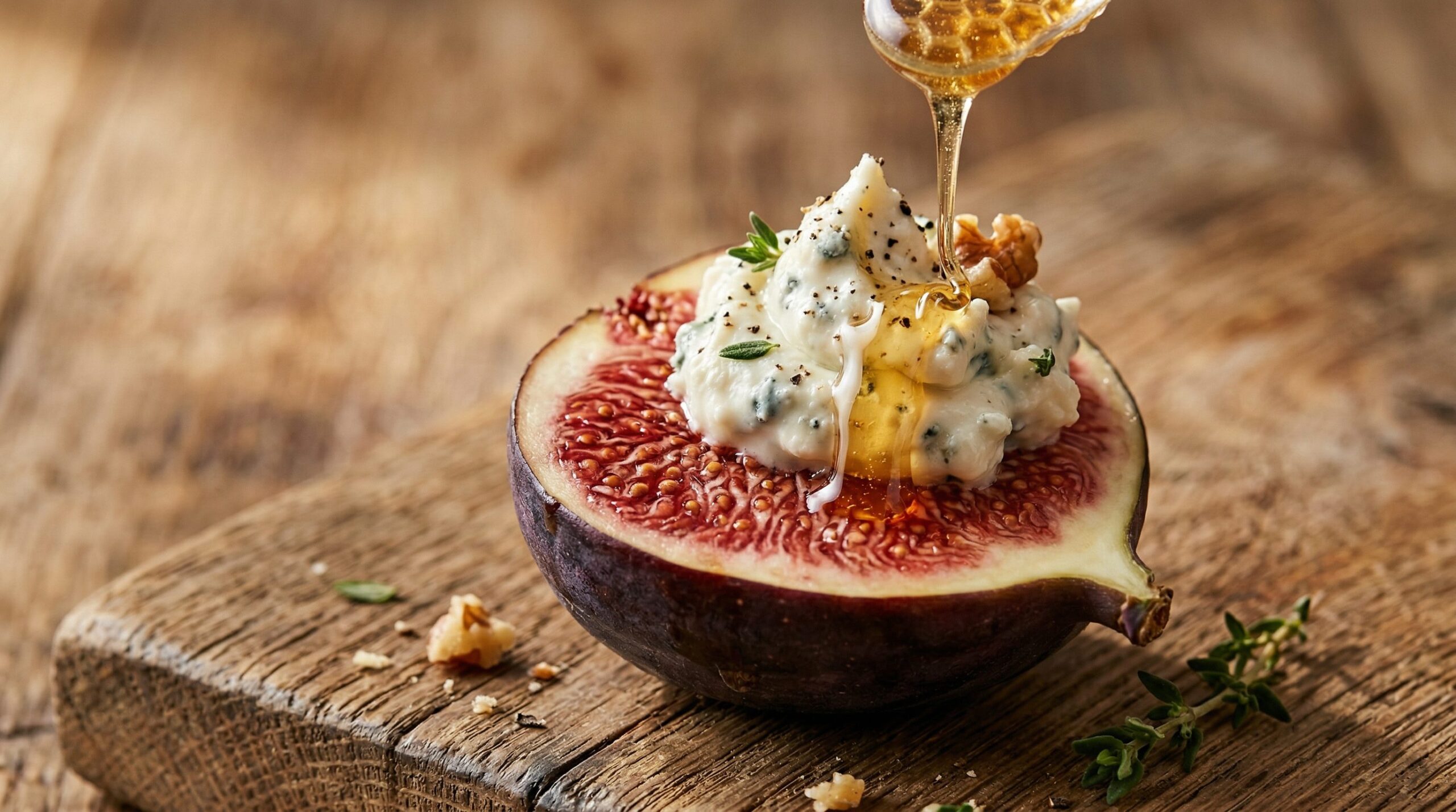 Fresh fig halves stuffed with blue cheese and drizzled with honey