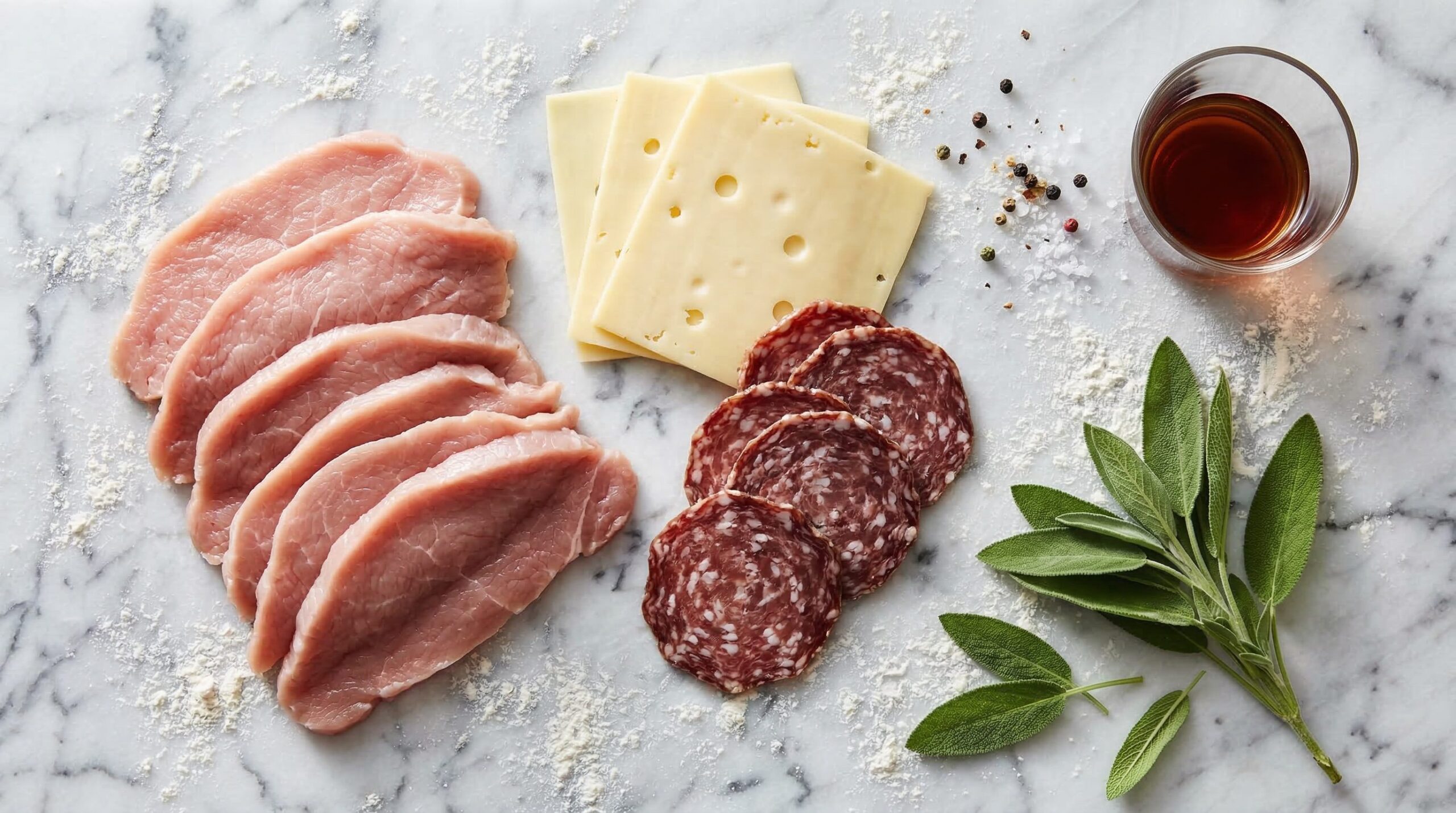 Ingredients for Breaded Veal Sinatra with Swiss & Salami arranged for preparation