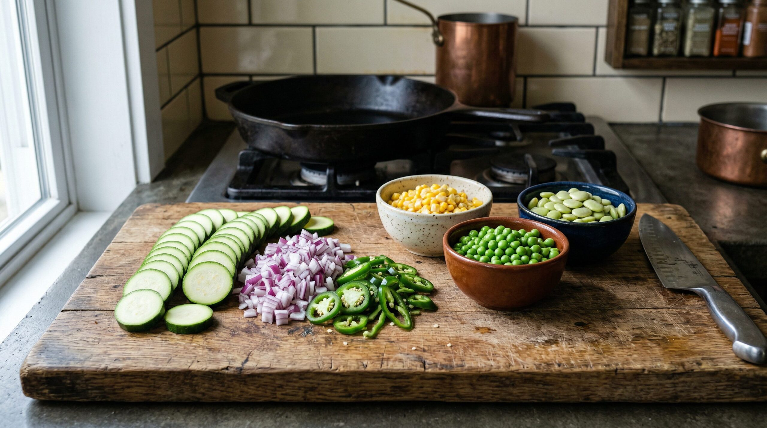 Corn, peas, lima beans, okra, zucchini, and tomatoes arranged for Southern succotash