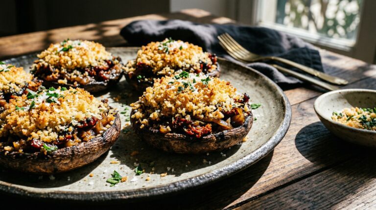 Stunning plated serving of Sun-Dried Tomato Stuffed Mushrooms, a chef-tested recipe by Chef Jorj Morgan.