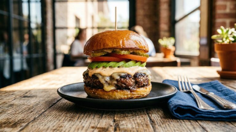 Stunning plated serving of Premium Ground Beef Brisket Burger, a chef-tested recipe by Chef Jorj Morgan.
