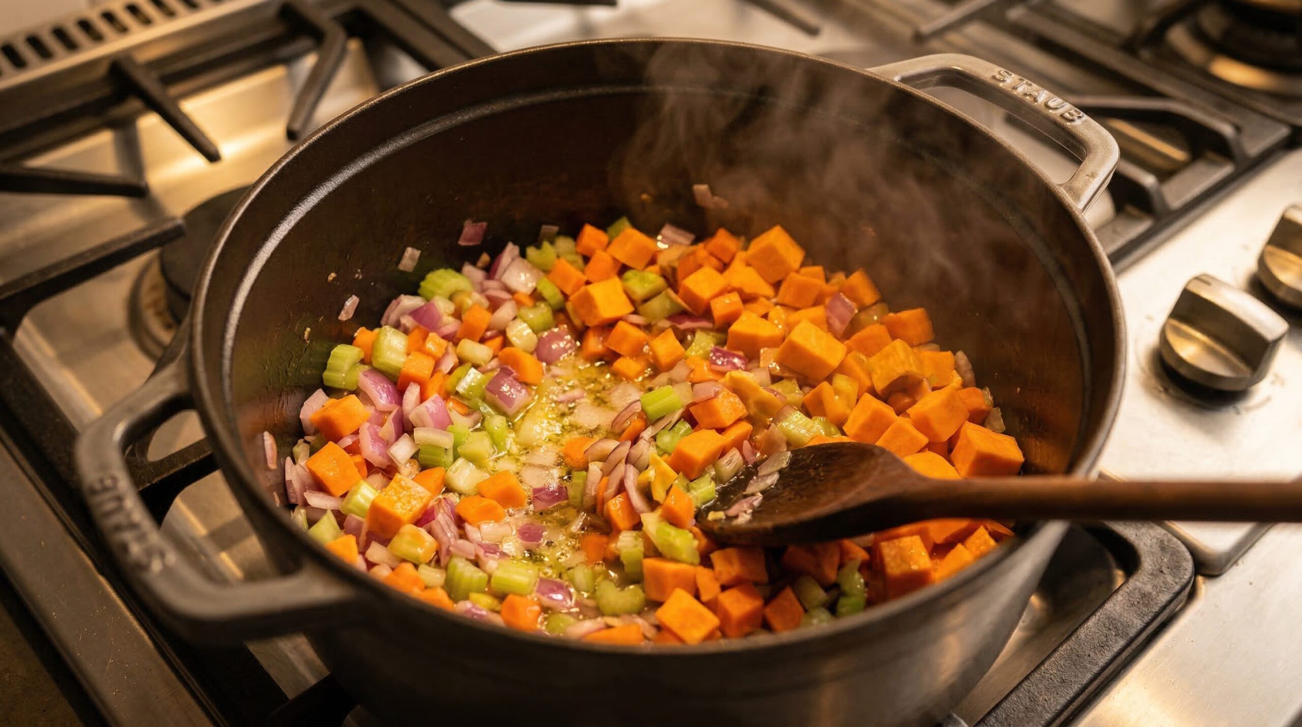 Ingredients for Coastal Swordfish & Root Vegetable Chowder arranged for preparation