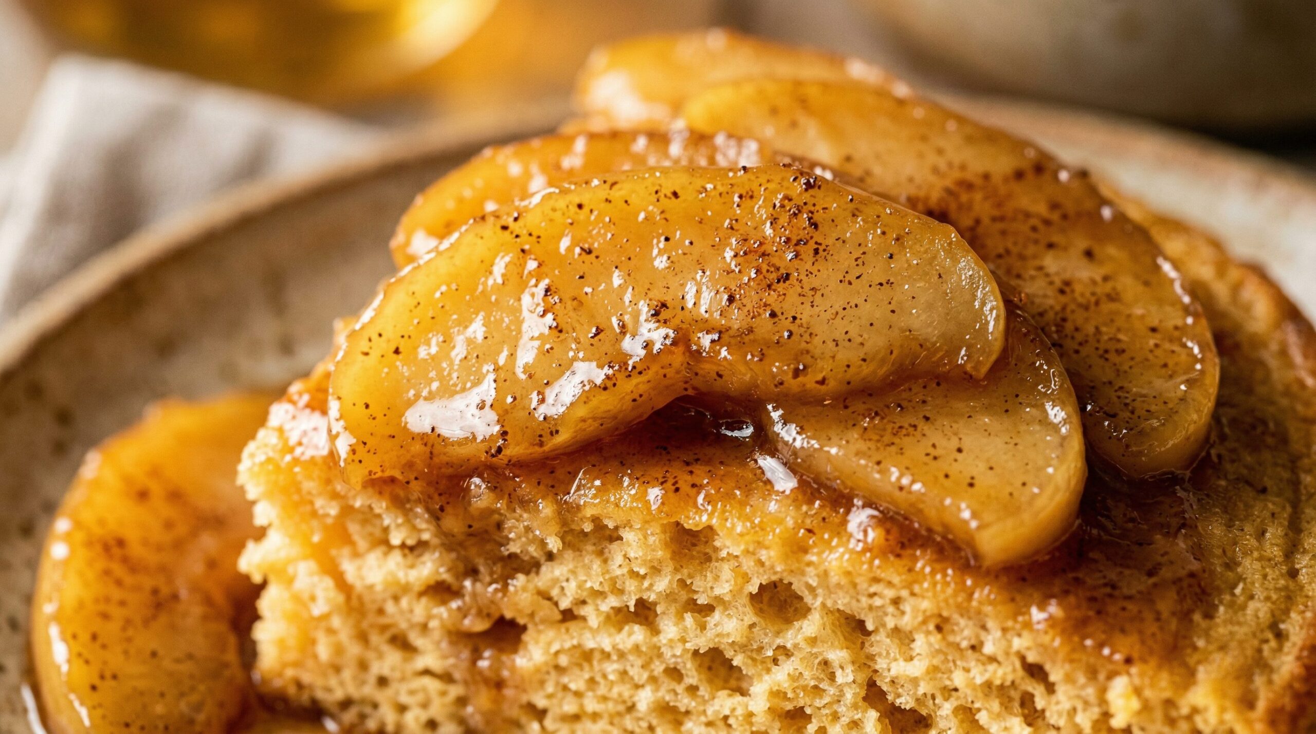Sliced Granny Smith apples cooking down with brown sugar and cinnamon into a syrupy topping