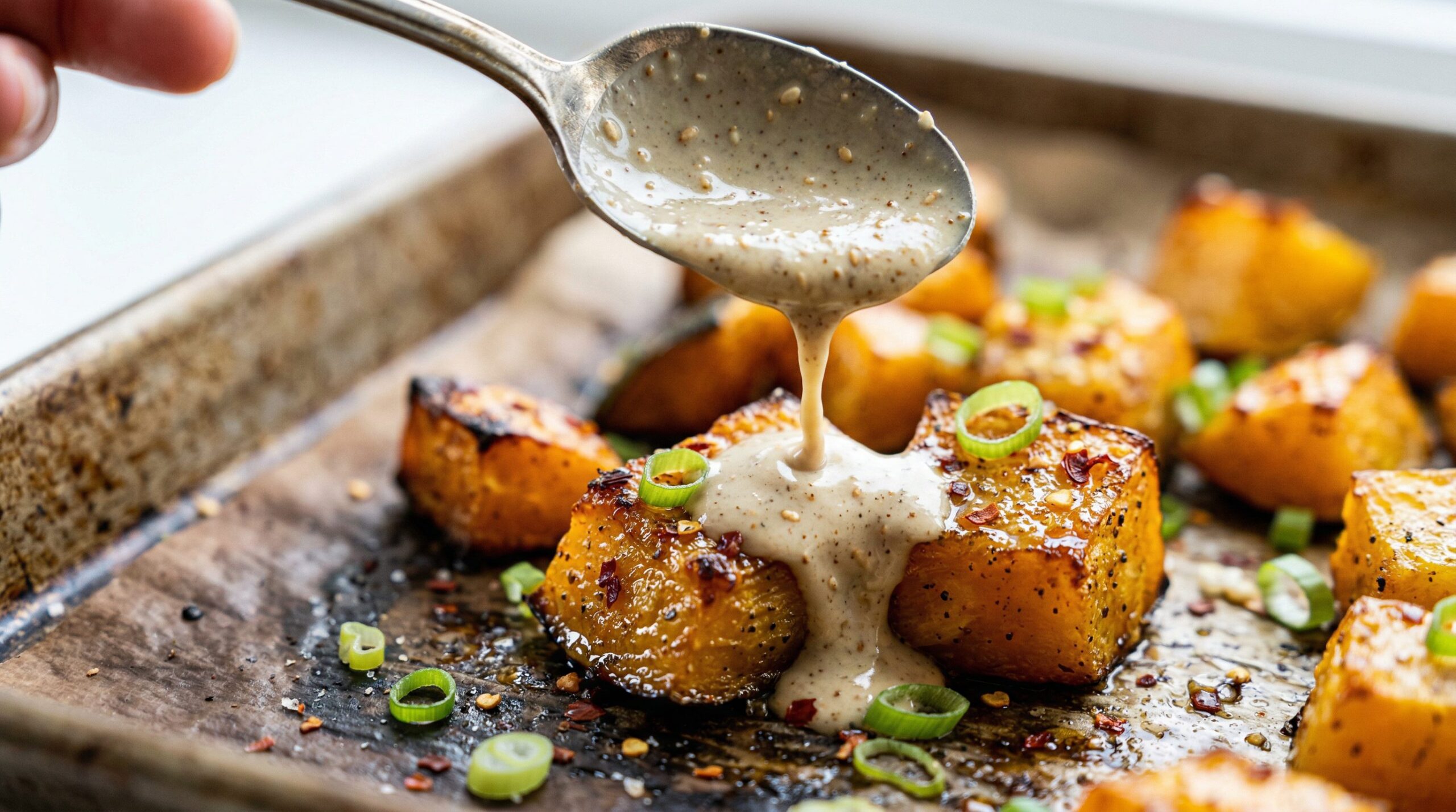 Drizzling tahini-sesame sauce over roasted acorn squash cubes