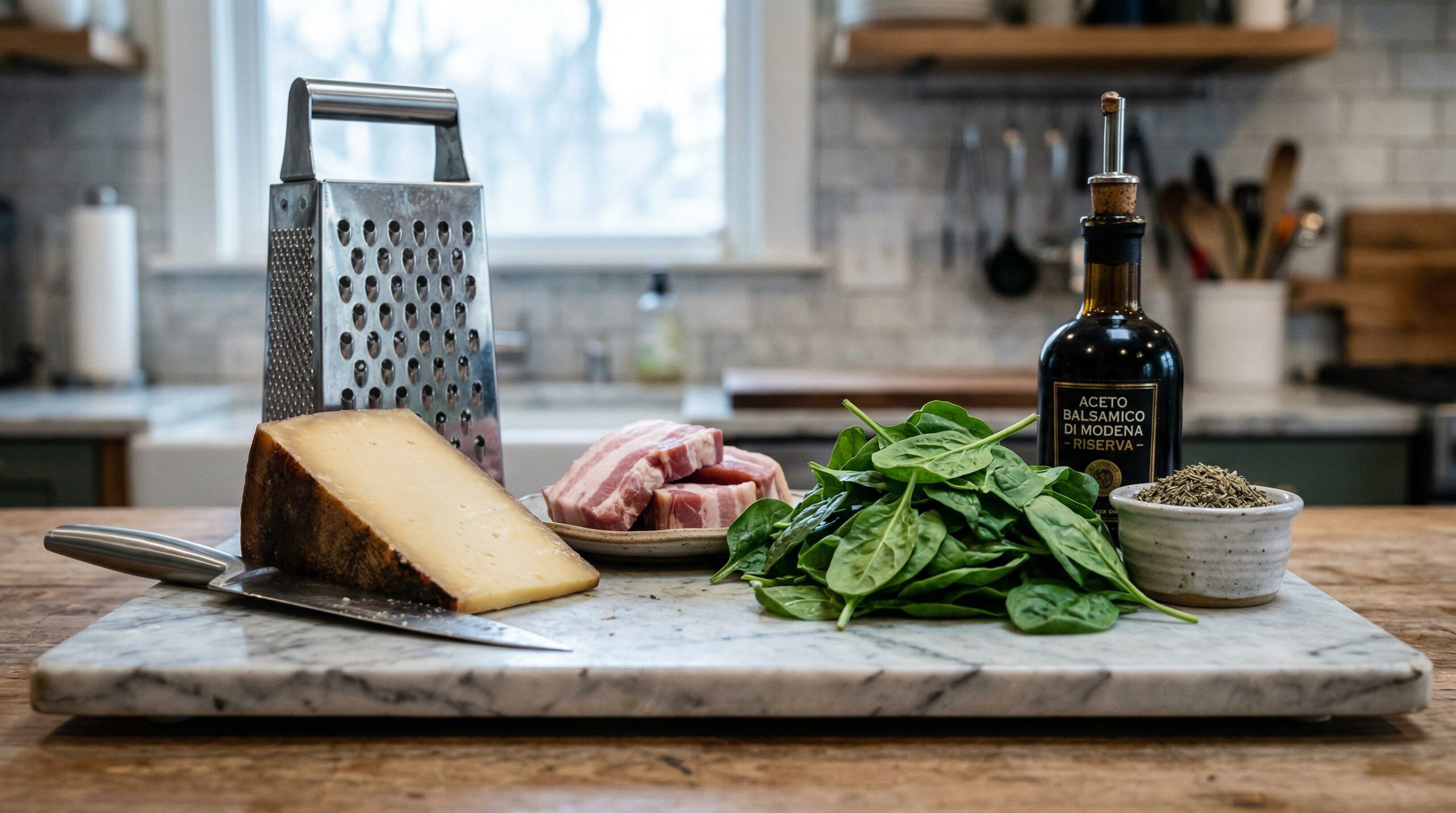 Crisp bacon, balsamic onions, wilted spinach, and grated smoked Gruyere arranged for a savory tart