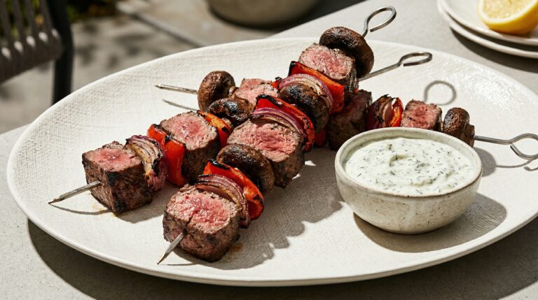 Stunning plated serving of Beef Tenderloin Steak Kabobs with Greek Tzatziki Sauce, a chef-tested recipe by Chef Jorj Morgan.