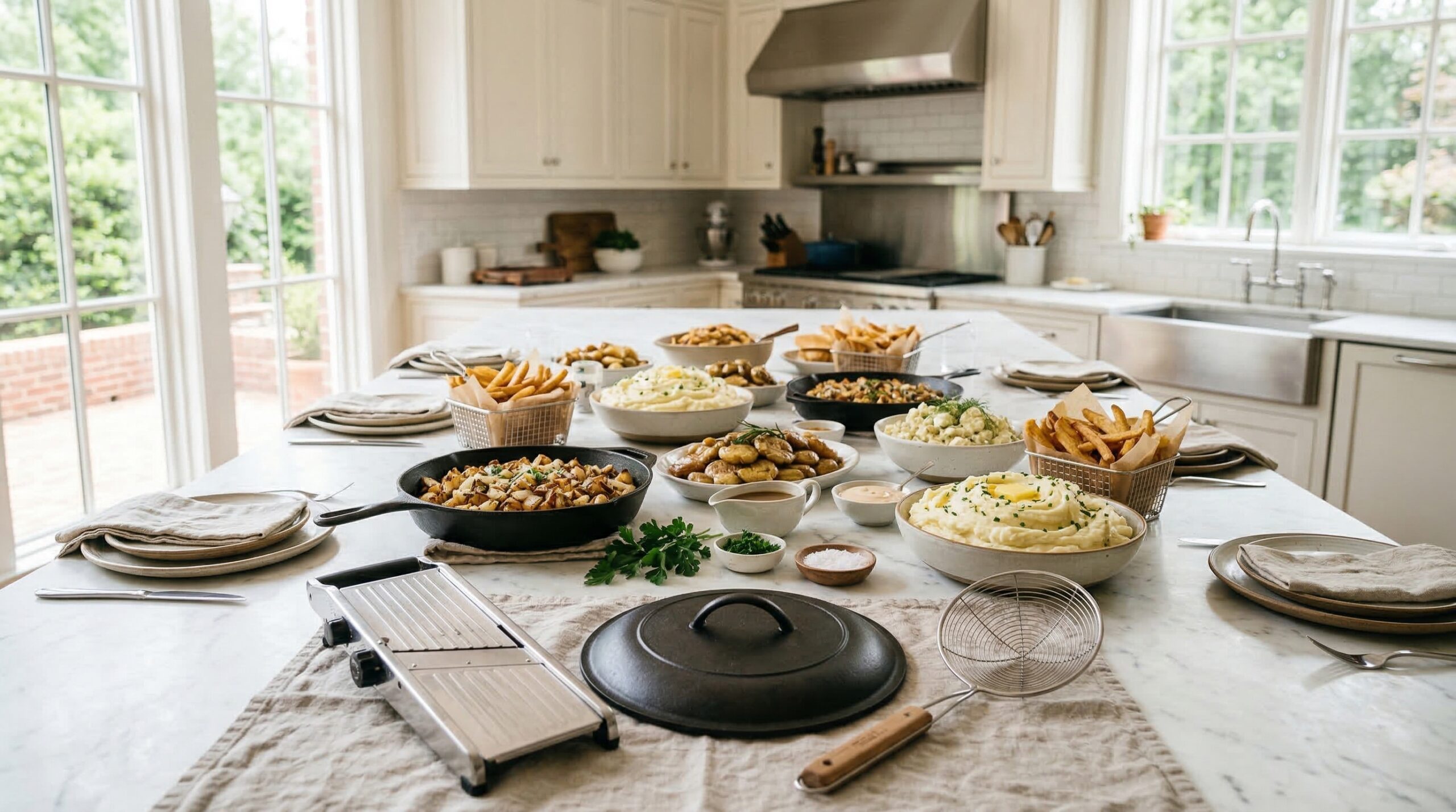 Abundant potato signature approach brunch for eight on a sun-drenched estate kitchen island