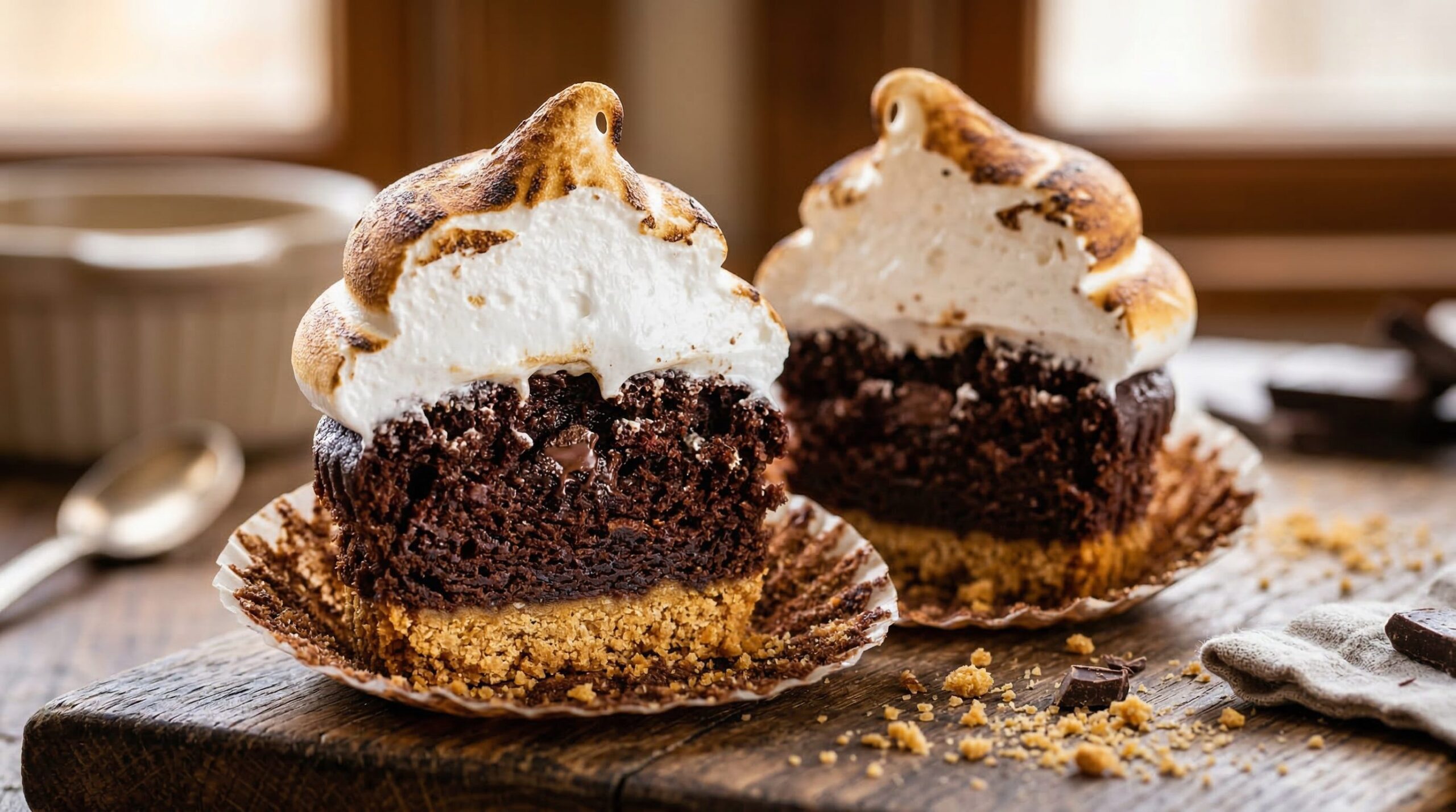 Toasted S’mores Cupcakes with Coffee-Enhanced Chocolate being prepared