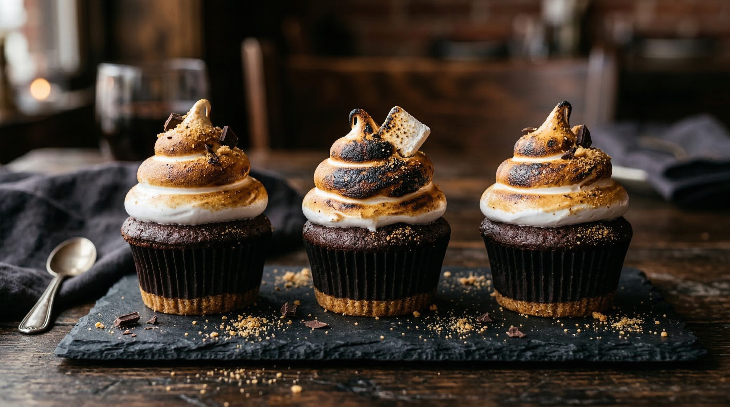 Stunning plated serving of Toasted S’mores Cupcakes with Coffee-Enhanced Chocolate, a chef-tested recipe by Chef Jorj Morgan.