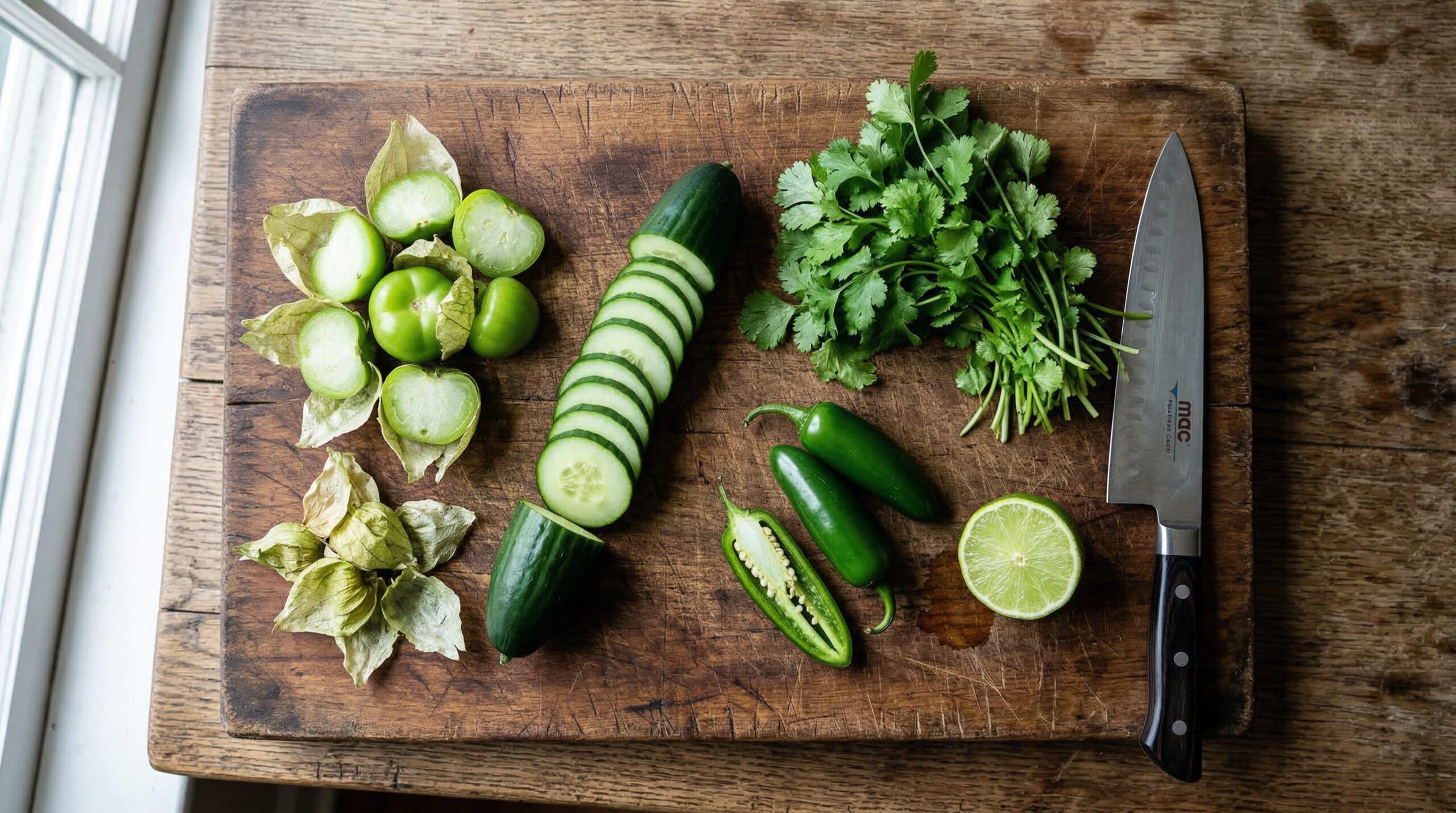 Chopped tomatillos, cucumber, onion, jalapeno, and herbs arranged for a green pico de gallo