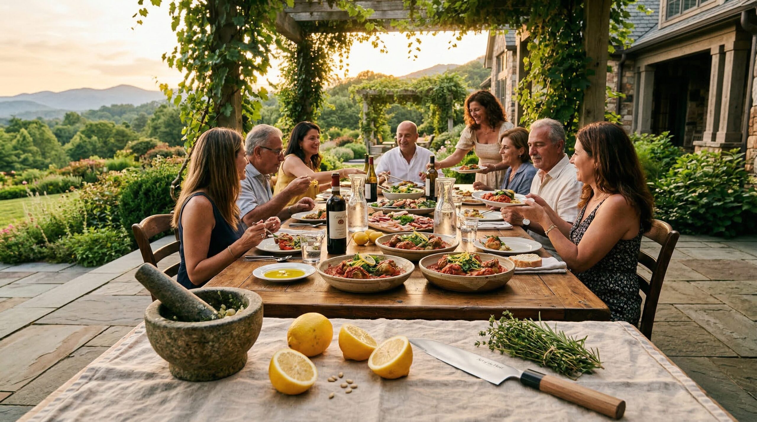 Tomato-braised artichokes glossy with sauce on a platter on an estate table