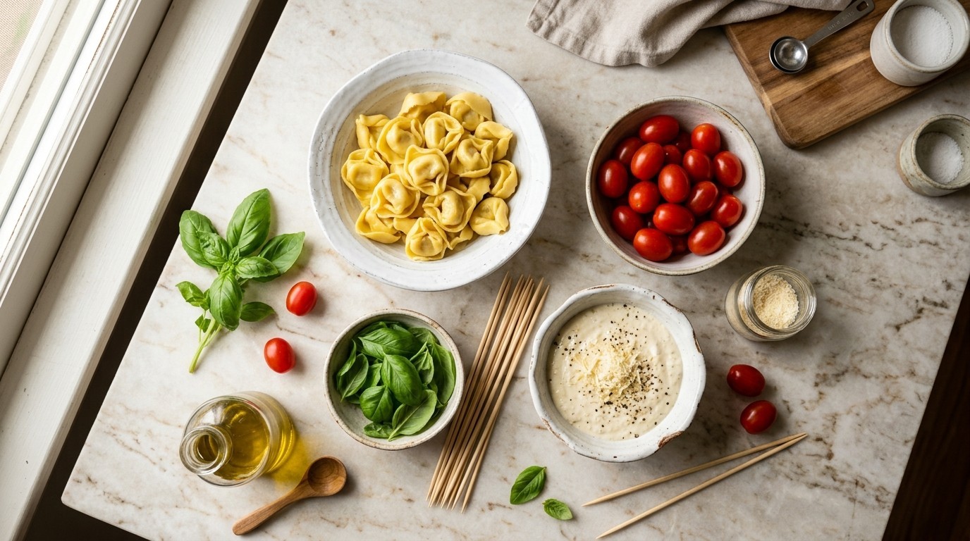 Cheese tortellini and grape tomatoes being threaded onto cocktail picks for party skewers