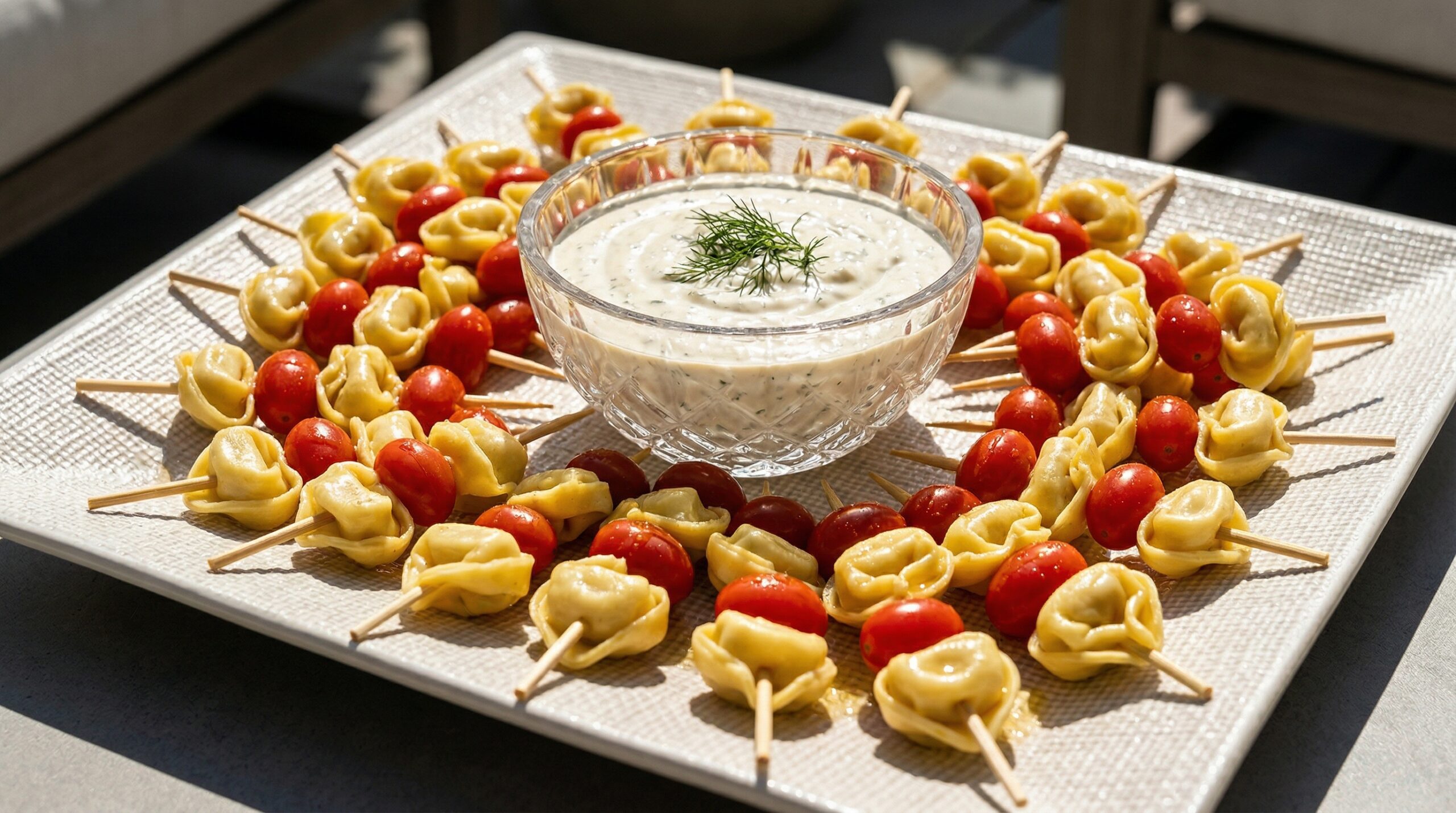 Stunning plated serving of Tortellini Skewers & Parmesan Dip, a chef-tested recipe by Chef Jorj Morgan.