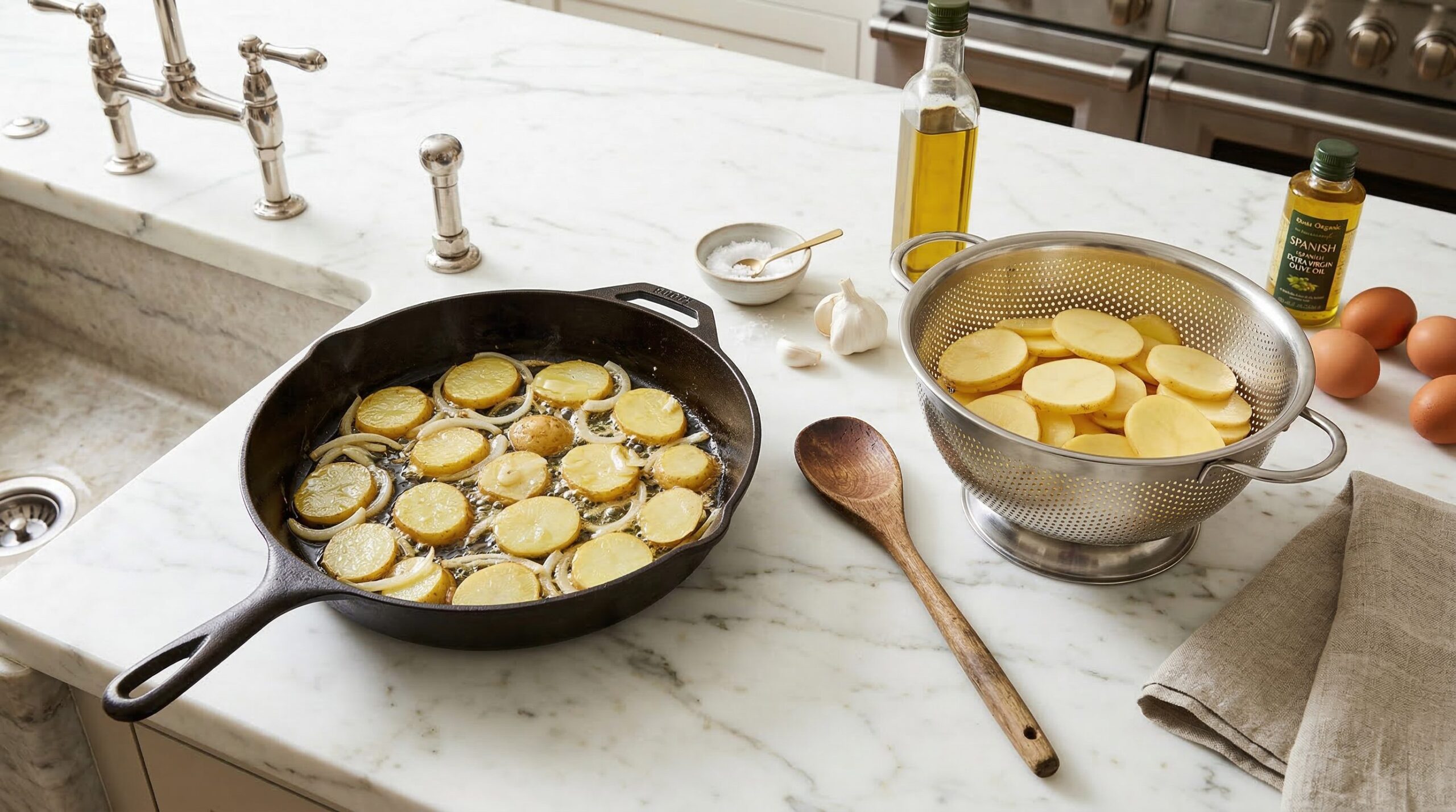 Thinly sliced potatoes frying gently in oil with onions and garlic for a Spanish tortilla