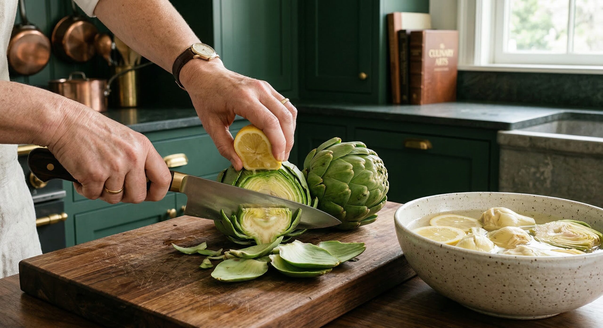 Fresh artichokes being trimmed down to tender hearts with lemon halves nearby