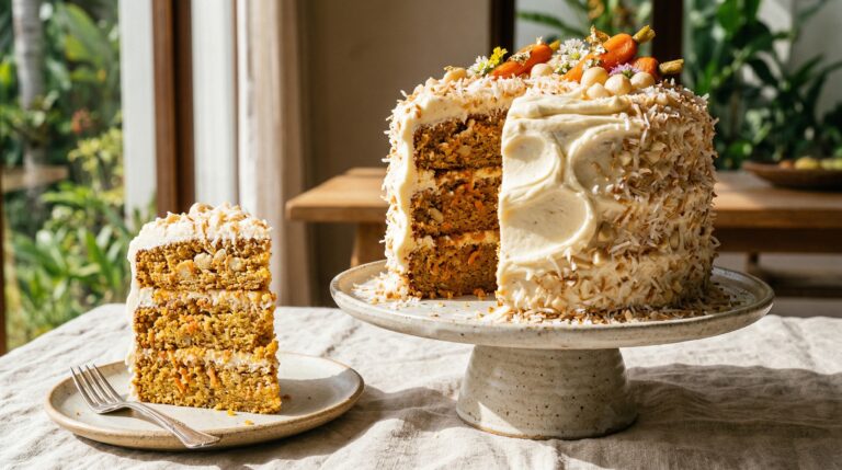 Stunning plated serving of Tropical Carrot & Macadamia Nut Cake, a chef-tested recipe by Chef Jorj Morgan.