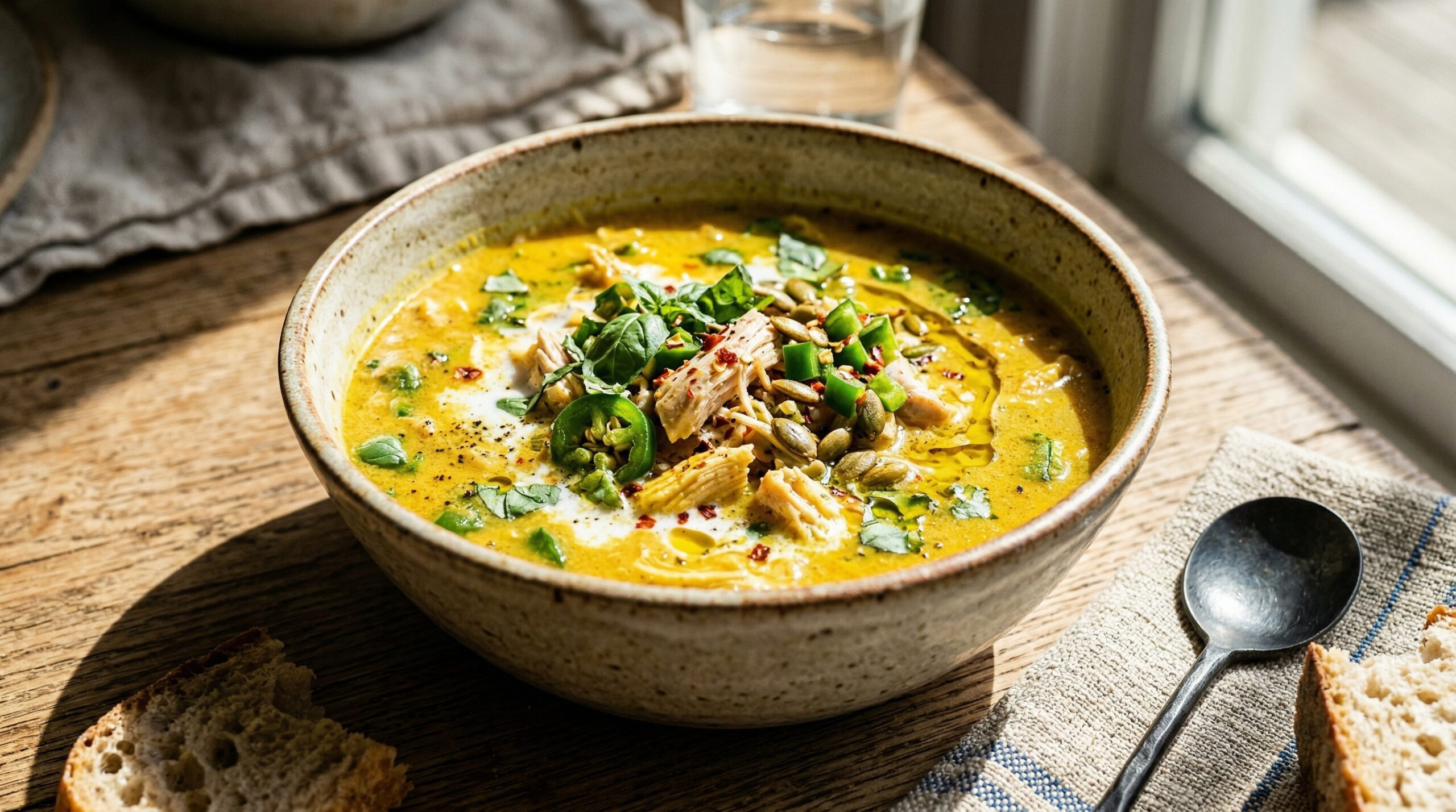 Stunning plated serving of Turmeric and Jalapeño Chicken Soup, a chef-tested recipe by Chef Jorj Morgan.
