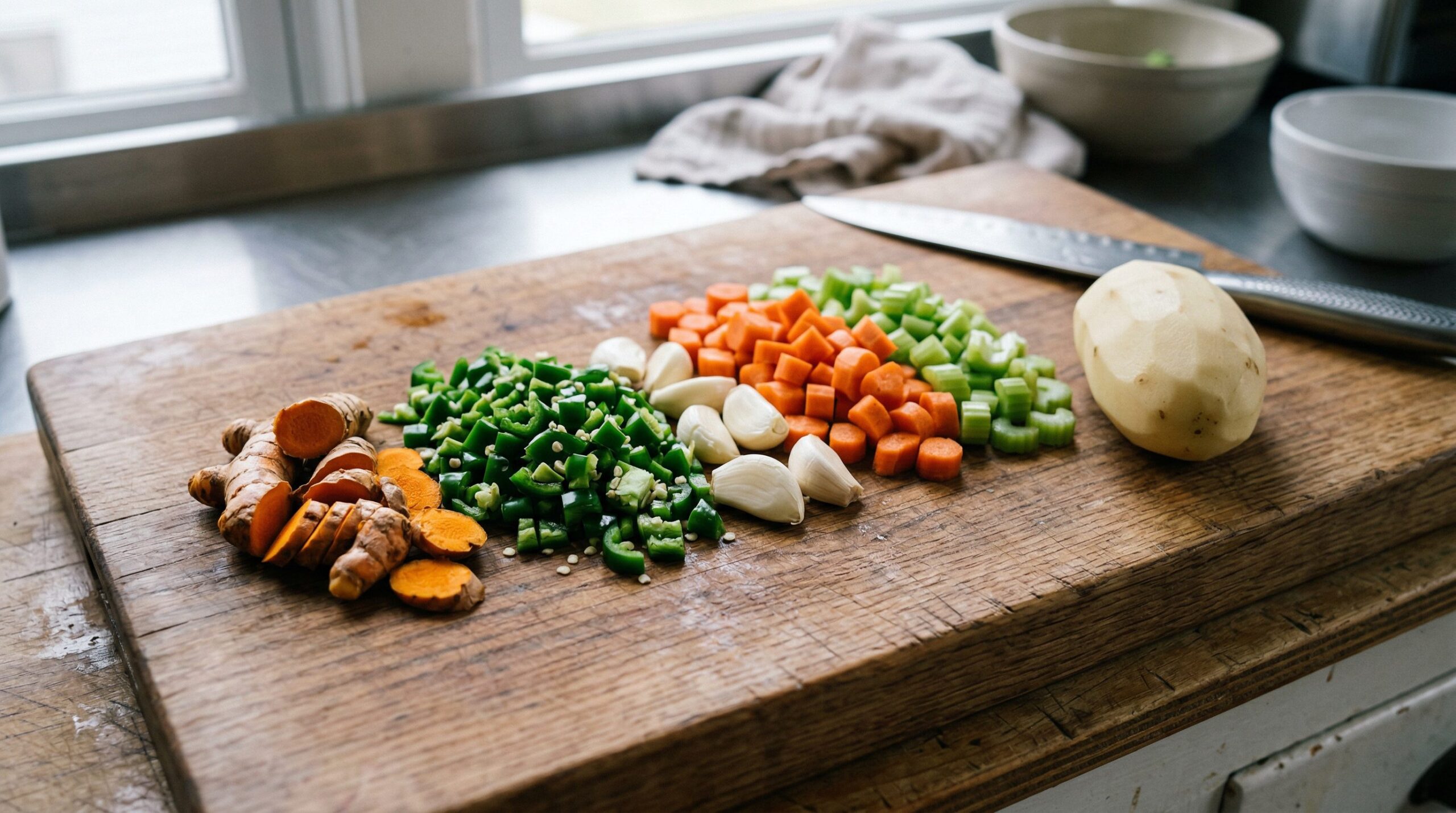Ingredients for Turmeric and Jalapeño Chicken Soup arranged for preparation