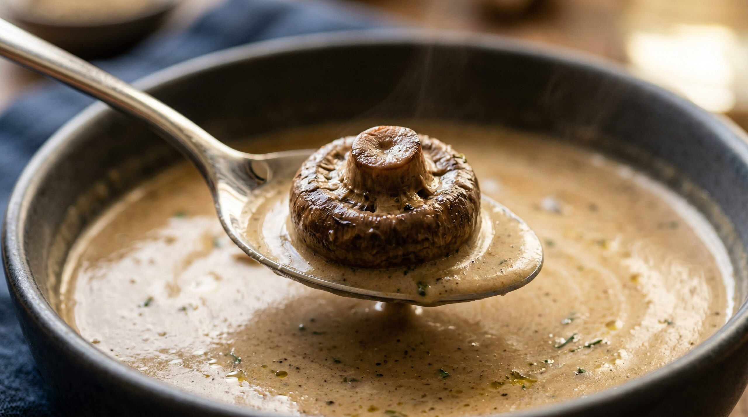Mushrooms simmering in a cream and vegetable stock broth with thyme and Parmesan