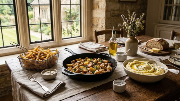 Stunning plated serving of Classic Garlic & Herb Roasted Potatoes, a chef-tested recipe by Chef Jorj Morgan.