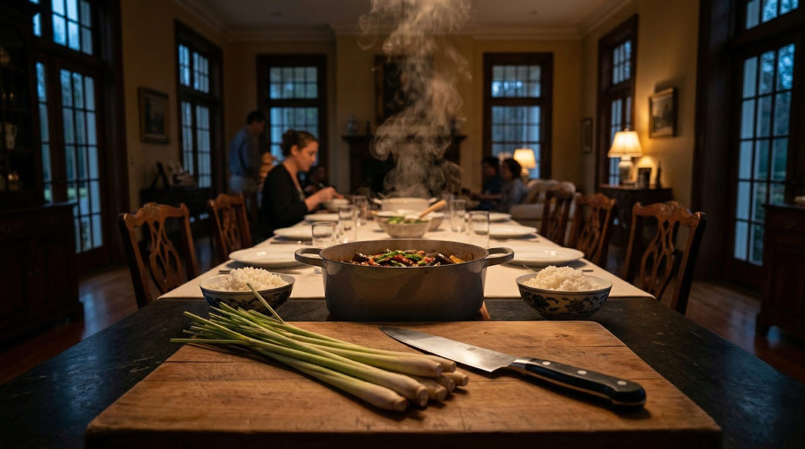 A bowl of Vietnamese eggplant stew garnished with basil and green onion on an estate table