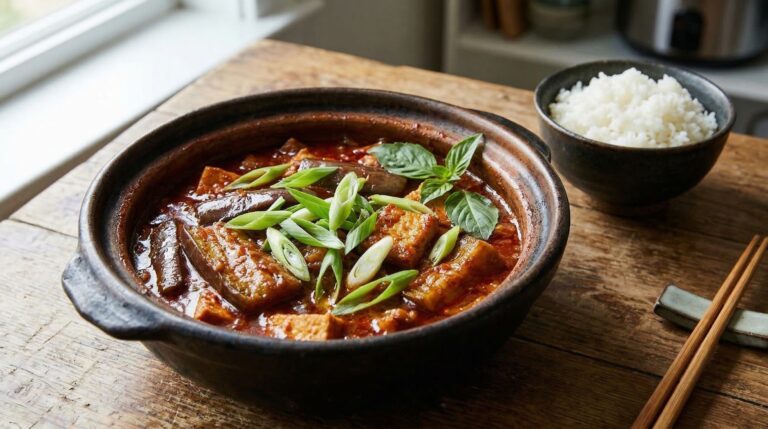 Stunning plated serving of Vietnamese Eggplant Stew With Lemongrass and Fresh Basil, a chef-tested recipe by Chef Jorj Morgan.