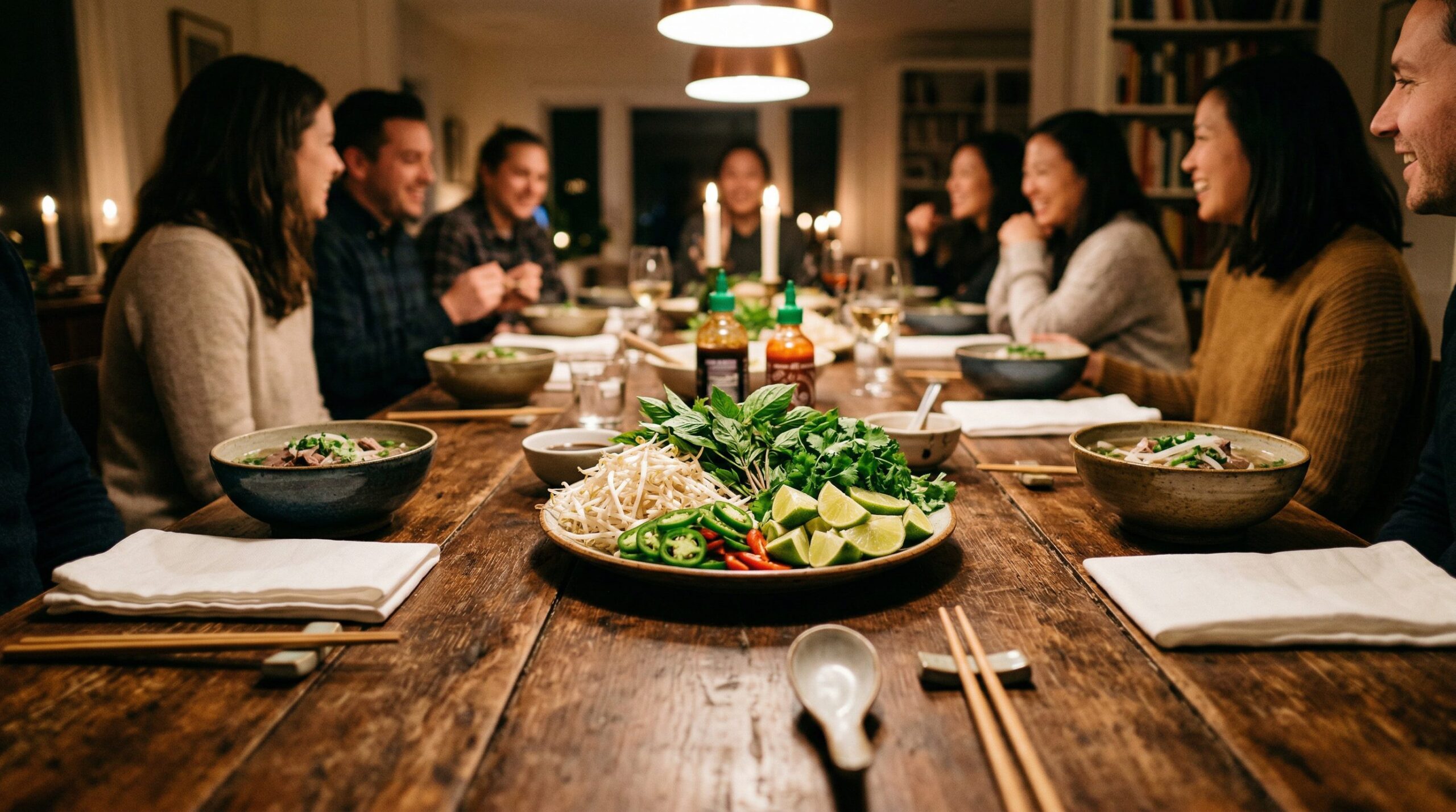 Traditional Vietnamese Beef Pho plated and served on an estate table
