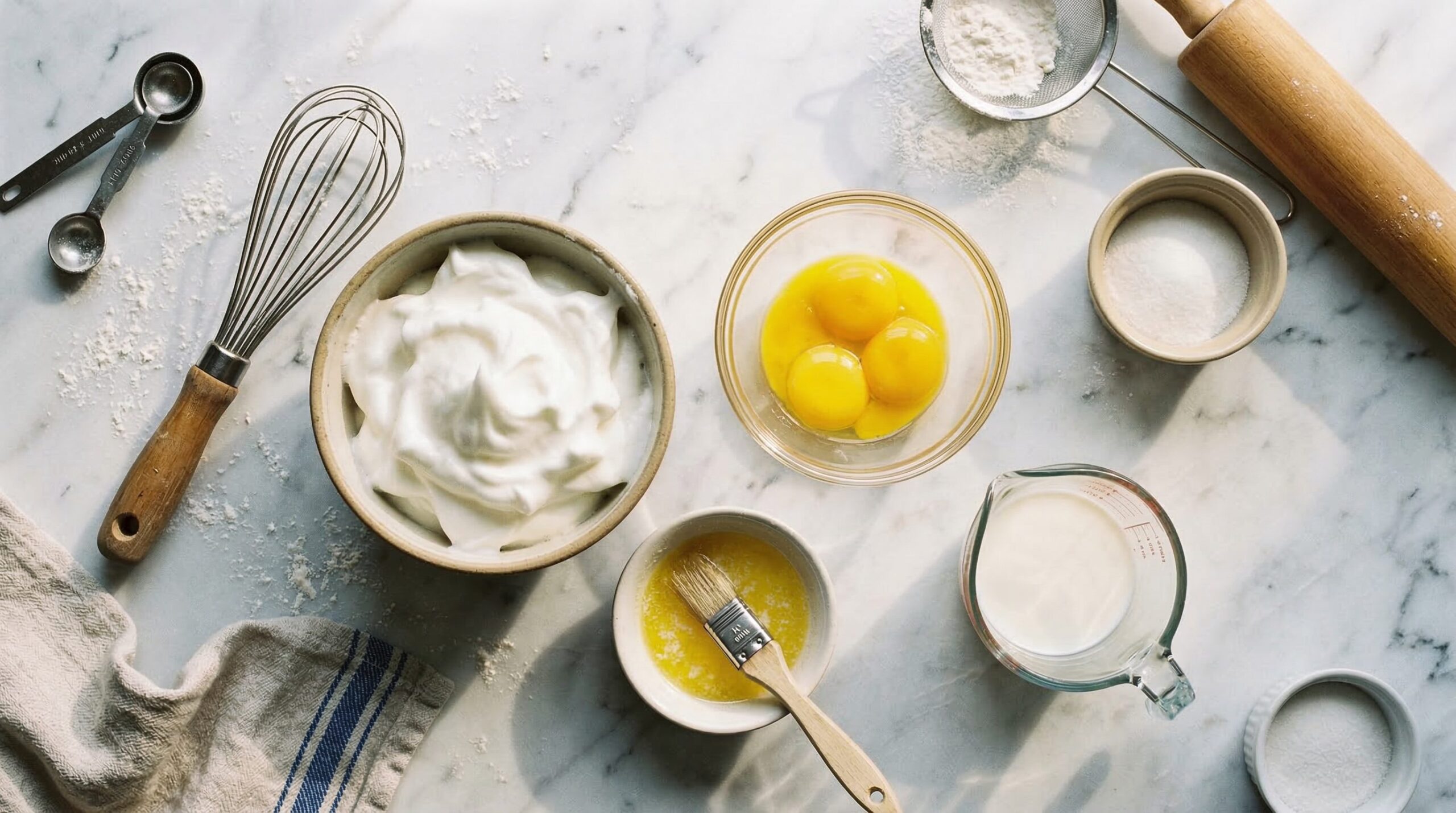 Waffle batter with separated eggs, whipped egg whites in a bowl, flour, milk, and melted butter
