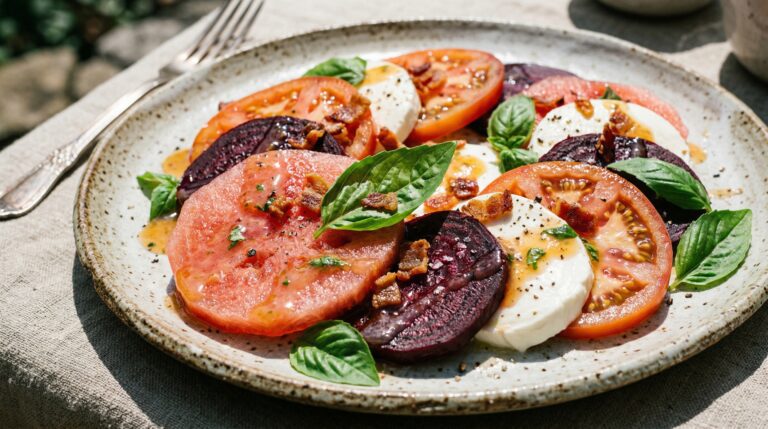 Stunning plated serving of Watermelon Beet Caprese Salad with Peach Vinaigrette, a chef-tested recipe by Chef Jorj Morgan.