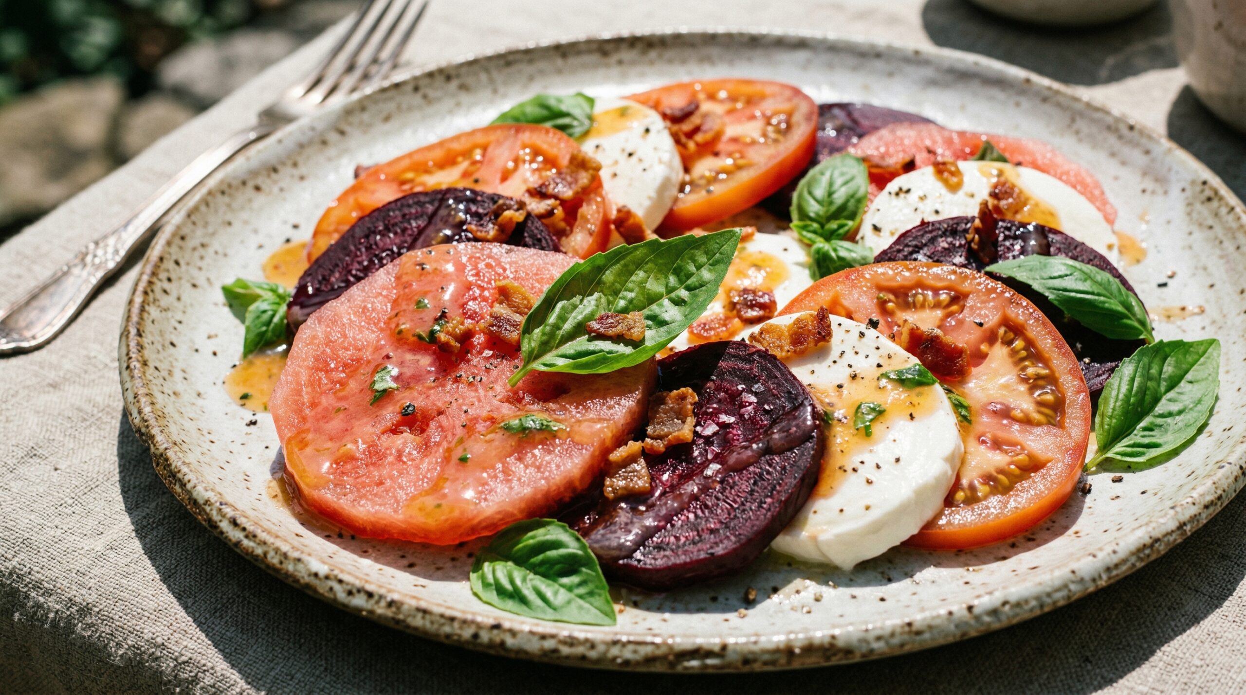 Stunning plated serving of Watermelon Beet Caprese Salad with Peach Vinaigrette, a chef-tested recipe by Chef Jorj Morgan.