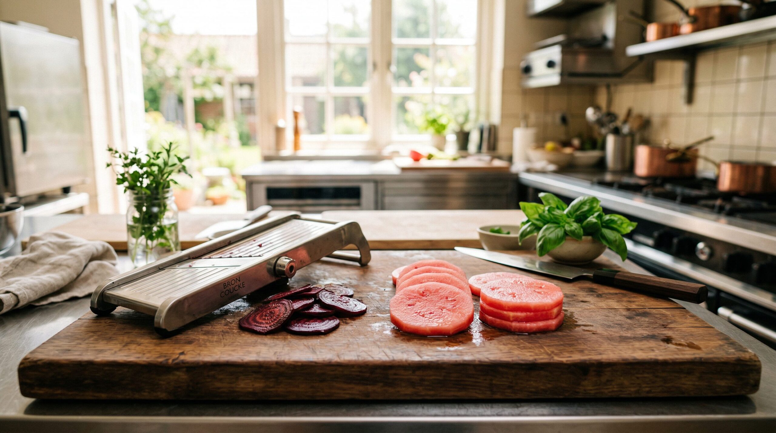 Roasted beets and watermelon being sliced into rounds for a caprese with tomatoes and mozzarella