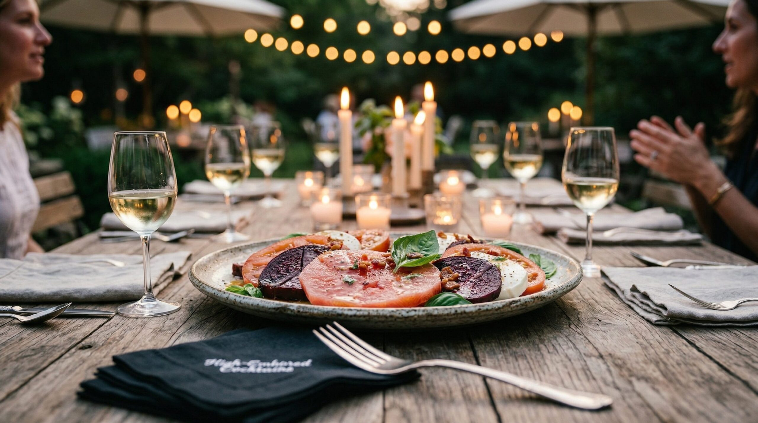 A shingled watermelon beet caprese platter with basil and bacon on an estate summer table