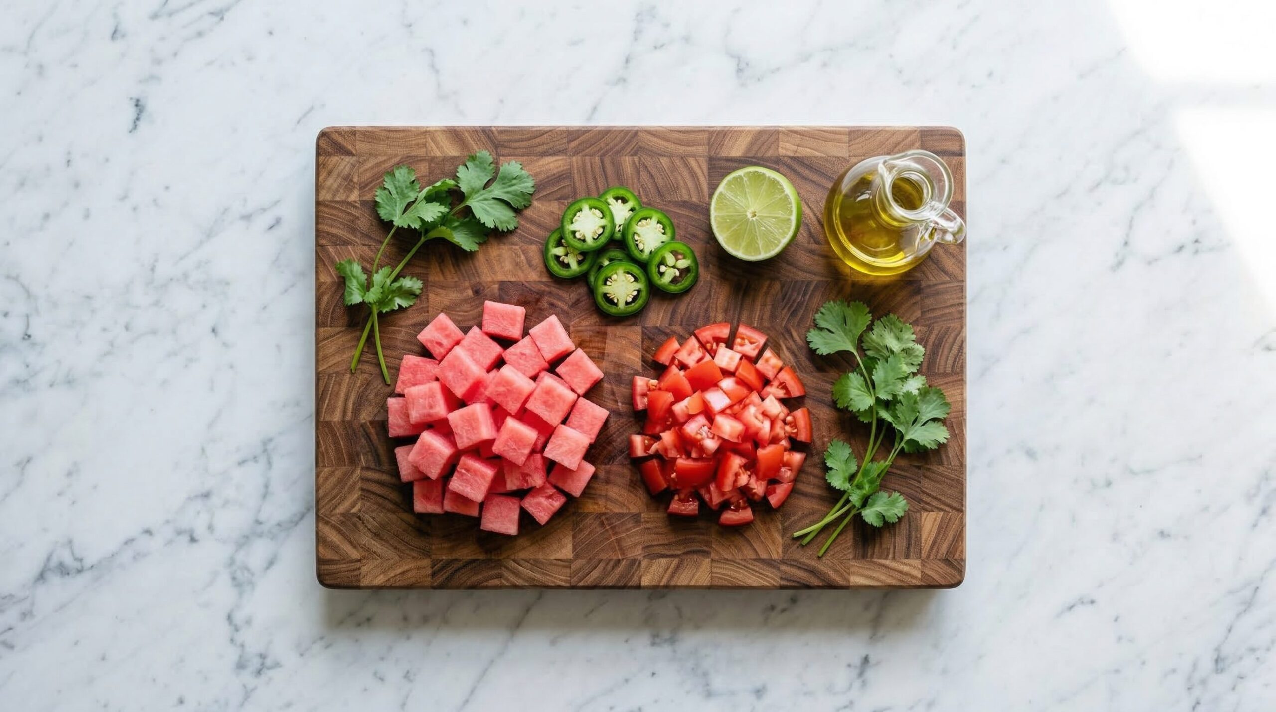 Ingredients for Braised Chicken with Fresh Watermelon Salsa arranged for preparation